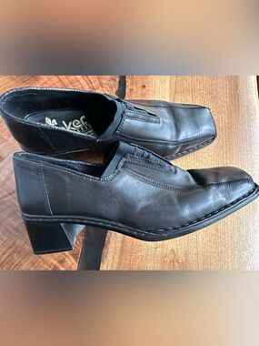 Rieker Black Leather Mid Block Heel Slip-On Shoes